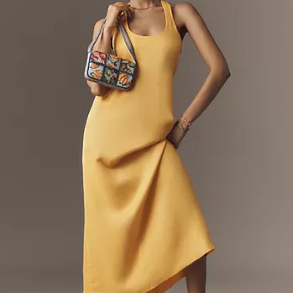 Anthropologie OB Sleeveless Linen Maxi Dress Jaune M yellow pockets not sheer - Picture 2 of 14
